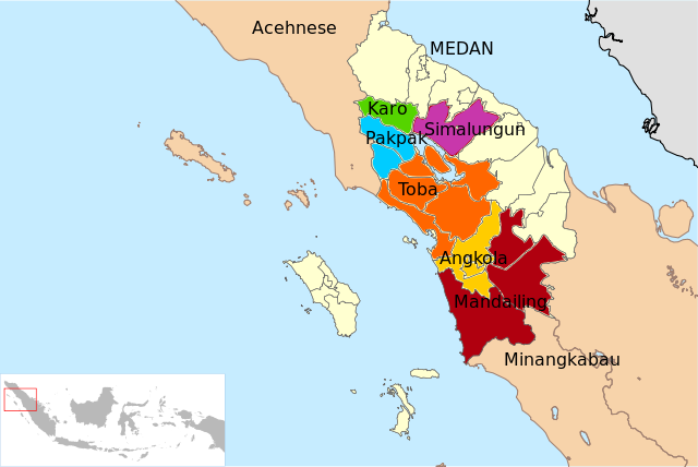 Map of North Sumatra, showing the locations of the Batak languages.